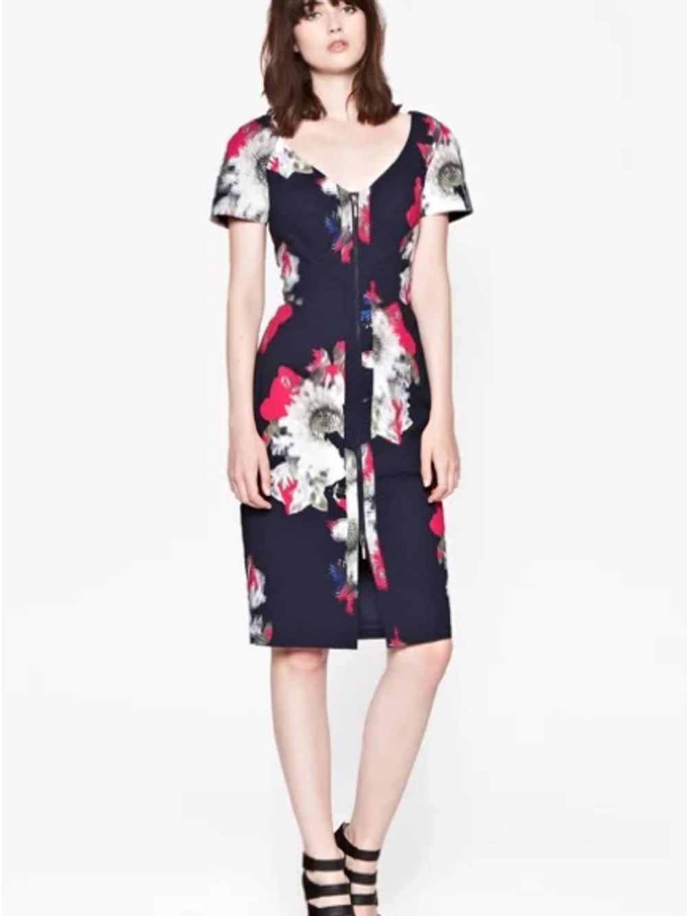 French Connection Navy Floral Scoop-Neck Midi Dress